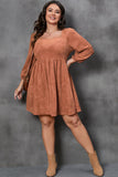 Chestnut Plus Size Suede Square Neck Balloon Sleeve Dress