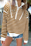 Khaki Stripe Zip up Collar Drop Shoulder Sweater