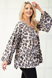 Celeste Full Size Leopard V-Neck Balloon Sleeve Blouse