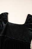 Black Velvet Flounce Sleeve Shirred Bodice Plus Babydoll Dress