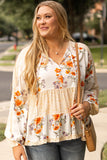 White Plus Size Floral Print V Neck Puff Sleeve Blouse