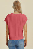 Double Take Full Size Cable-Knit Round Neck Short Sleeve Sweater