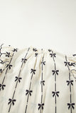 Beige Bow Printed Ruffled Bubble Sleeve Tied Notched V Neck Blouse