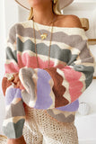 Rose Red Wave Striped Balloon Sleeve Drop Shoulder Sweater