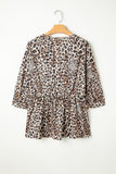 Khaki Leopard Print Lace-up Ruffled 3/4 Sleeve Plus Size Blouse