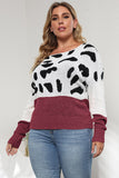 Plus Size Leopard Round Neck Long Sleeve Sweater