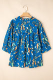 Blue Floral Notched V Neck Half Sleeve Plus Size Blouse