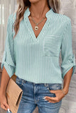 Brown Stripe V Neck Roll Up Sleeve Pocket Patched Classic Shirt