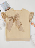 Parchment Ruffled Short Sleeve Bowknot Applique Crew Neck Plus Size Top