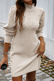 Gray Pearl Beaded High Neck Bodycon Sweater Dress