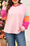 Dark Blue Colorblock Patchwork Long Sleeve Plus Size Top