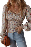 Beige Boho Floral Print Smocked Waist V Neck Blouse