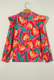 Rose Floral Print Pleated Ruffled O Neck Plus Size Blouse