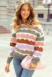 Rose Red Wave Striped Balloon Sleeve Drop Shoulder Sweater