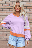 Orchid Bouquet Contrast Rib Knit Patchwork Drop Shoulder V Neck Sweatshirt