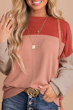 Green Color Block Long Sleeve Ribbed Loose Top