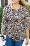 Khaki Leopard Print Lace-up Ruffled 3/4 Sleeve Plus Size Blouse