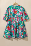 Sky Blue Plus Size Floral Print Puff Sleeve Tie Neck Babydoll Dress