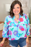 Light Blue Plus Size Floral Print Notched V Neck Babydoll Blouse