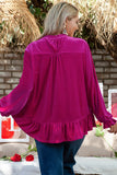 Bright Pink Plus Size Ruffled Sleeve V Neck Velvet Blouse