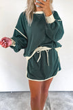 Evergreen Color Contrast Loose Pullover and Lace-up Waist Skort Set