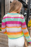 Green Colorblock Patchwork Knit Crochet Eyelet Sweater