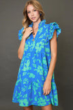 Umgee Full Size Two Tone Floral Print Ruffle Cap Sleeve Mini Dress Plus Size