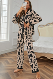 Khaki Cheetah Contrast Trim Loose Fit Two Piece Sleepwear