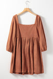 Chestnut Plus Size Suede Square Neck Balloon Sleeve Dress