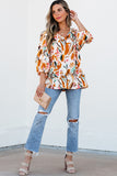 Yellow Abstract Print Drawstring Frilled V Neck 3/4 Sleeve Blouse