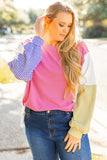 Rose Red Colorblock Patchwork Striped Puff Sleeve Plus Size Top with Slits