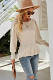 Ribbed Round Neck Lantern Sleeve Sweater