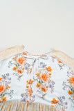 White Plus Size Floral Print V Neck Puff Sleeve Blouse