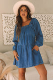 Dusk Blue Square Neck Side Pockets Loose Fit Denim Mini Dress