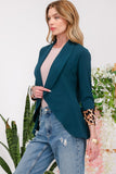 Celeste Full Size Rolled Leopard Cuff Open Front Blazer