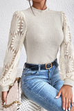 Beige Sunflower Mesh Bubble Sleeve Waffle Knit Top