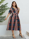 Honey Plus Size Bohemian V-Neck Tie Belt Midi Dress