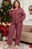 Plus Size Plaid Collared Neck Top and Pants Lounge Set