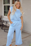 Beau Blue Textured Colorblock Edge Tank Top High Waist Pants Set