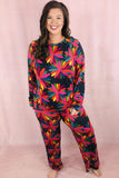 Green Plus Size Printed Long Sleeve and Pants Lounge Set