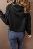 Dark Blue Solid Drop Shoulder Drawstring Cropped Hoodie