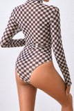 Black Checkered Printed Long Sleeve High Neck Bodysuit