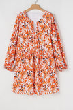 Orange Floral Print Split V Neck Bubble Sleeve Plus Size Midi Dress