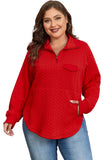 Tomato Red Cable Textured Quarter Zip Pocketed Plus Size Pullover