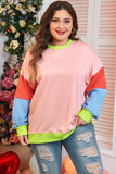 Light Pink Plus Size Colorblock Patchwork Crew Neck Sweatshirt