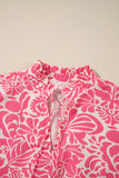 Pink Plus Size Floral Print Frilled Neck Puff Sleeve Top