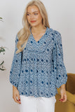 Sky Blue Western Geometric Print Frilled V Neck Loose Fit Blouse