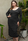 Black Plus Size Striped Loose Long Shift Dress