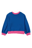 Sky Blue Color Block Edge Balloon Sleeve Plus Size Sweatshirt