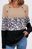 Pink Cheetah Textured Patchwork Buttoned Round Neck T Shirt